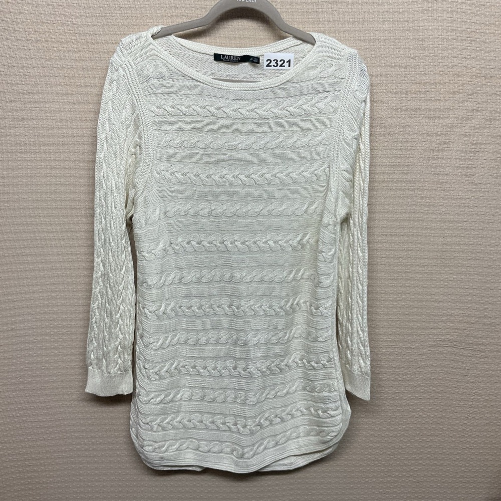 LAUREN RALPH LAUREN Women's 2X Ivory Cotton/Viscose Cable Knit Tunic Sweater